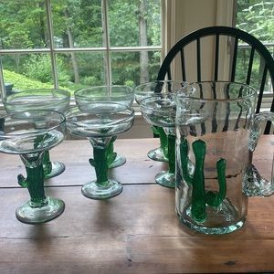Vintage Set of 6 Hand Blown Glass Cactus Margarita Glasses and Pitcher